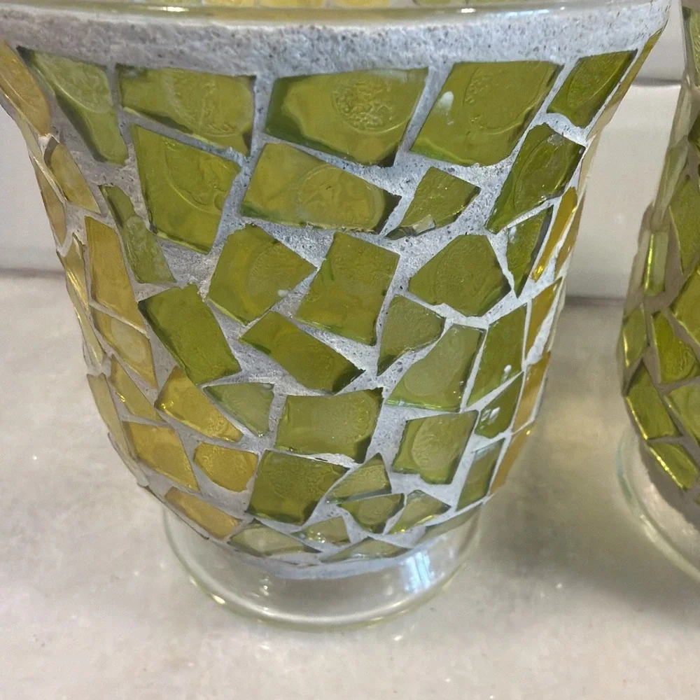 Set‎ Of 2 Vintage Hurricane Mosaic Green/yellow Glass Candle Holders ES003